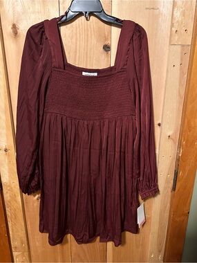 Motherhood Maternity Burgundy Smocked Square-Neck Long Sleeve Dress
